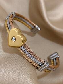 1 件银金色心形吊坠袖口手链女士可叠戴不锈钢手链日常派对珠宝圣诞礼物