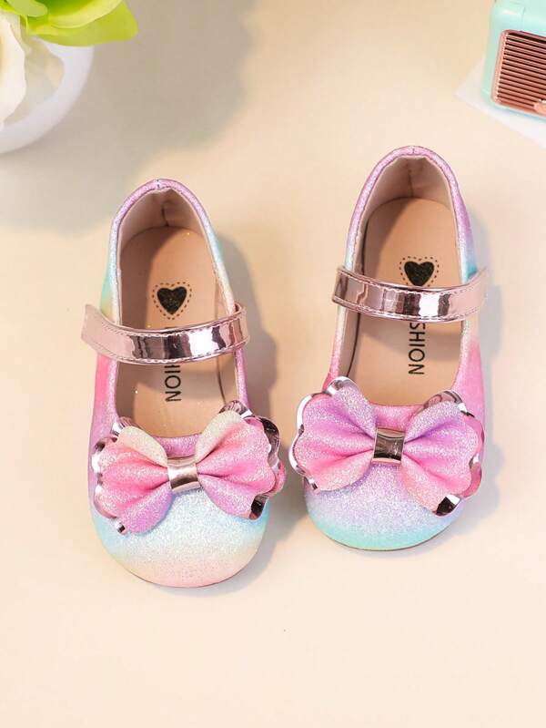 1 Pair Girls' Rainbow Glitter Bowknot Flat Shoes, Cute Square Toe Casual Footwear Suitable For Outing, Party, Holidays, All Season