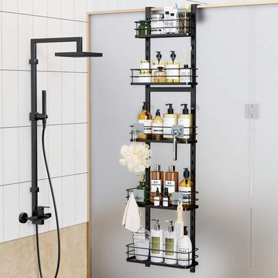 4-Tier Over-The-Door Shower Caddy With Soap Holders, Hanging Shower Caddy With 22 Hooks And 2 Toothbrush Holders, No Drilling Adjustable Hanging Shower Organizer For Bathroom - Space-Saving Bathroom Organizer