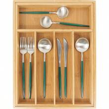 New Bamboo Cutlery Organiser Expandable Cutlery Tray For Drawer And Utensil Holder MultiFunction Drawer Storage 57 Compartments - Natural - View 2
