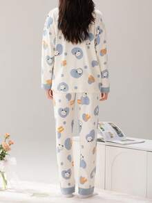 女士V领睡衣套装（两件套），长袖上衣和长裤，柔软舒适，适合春秋季和秋冬季穿着。