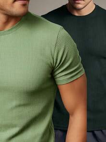 Kit 2 Basic Casual Textured T-Shirt Straight Textured Premium Mesh - Black and Olive Green - View 1