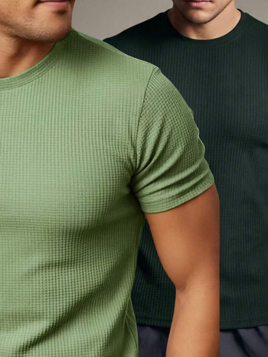 Kit 2 Basic Casual Textured T-Shirt Straight Textured Premium Mesh - Black and Olive Green - View 1