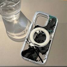 Caja del teléfono 1PC Patrón de diseño masculino autorizado, Acrílico trasero de alta transparencia Soporte de atracción magnético giratorio fuerte, Caja del teléfono Base suave transparente Soporte de pie anti-caída, Adecuado 16Promax, 16 15Pro 14 - transparente - Ver 1