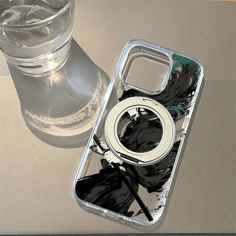 Caja del teléfono 1PC Patrón de diseño masculino autorizado, Acrílico trasero de alta transparencia Soporte de atracción magnético giratorio fuerte, Caja del teléfono Base suave transparente Soporte de pie anti-caída, Adecuado 16Promax, 16 15Pro 14 - transparente - Ver 1