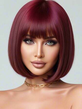 12 Inch Short Bangs Synthetic Wig, Burgundy, Suitable For Halloween, Cosplay, Holiday Parties And Special Occasions