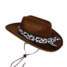 Western Cowgirl Hat For Kids Girl Boy Wide Brim Felt Vintage Fedora Cap With Cow Print Decorative Band - 巧克力棕 - 查看 6