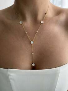 TONSI 1 peça, pingente elegante, exclusivo, luxuoso, vintage, ocidental, minimalista, sofisticado, banhado a ouro 18K, aço inoxidável, zircônia cúbica e madrepérola, colar com pingente de trevo de quatro folhas, adequado para verão, férias, viagens, trabalho, uso diário, festa, joias femininas
