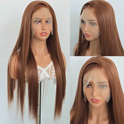 Tóc giả thẳng ren phía trước màu nâu 13x4 24 inch thanh lịch, phù hợp với phụ nữ - Tóc tổng hợp chịu nhiệt, tóc tự nhiên được nhổ sẵn và tóc trẻ em, lý tưởng để đội hàng ngày, đám cưới, Halloween và Giáng sinh