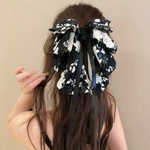 1 Hot Selling Exquisite Antique Style Flower Printed Ribbon Bow Plastic Hair Clip, Simple And Fashionable Large Hair Clip, Anti Slip Ponytail Buckle Hair Accessory, Birthday Banquet, Vacation Beach - A Fashionable Thing For Girls In Extra Rooms - màu đen - Xem 4