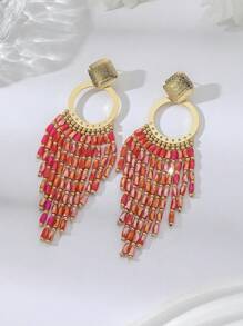 1 par de pendientes colgantes con borlas y pedrería de estilo bohemio oversize, adecuados para la playa, el casual, las fiestas y ocasiones formales