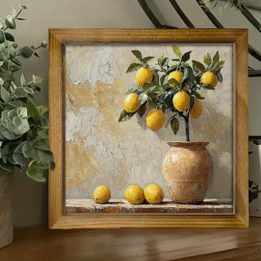 1pc/2pcs Bohemian Style Wooden Lemon Tree Art Sign, Fruit Themed, Suitable For Home, Kitchen, Office, Garage Decor, No Power Or Battery Needed, Ideal Holiday Gift, 8x8 Inches, Lemon Decor - Multicolor-sawtooth Hook - View 1