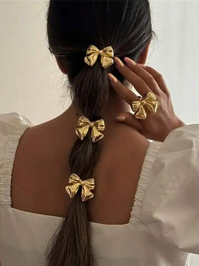 Set de 3 piezas de Sujetadores elásticos de pelo metálicos dorados para mujer, adecuados para cabello grueso, sin daños, sujetadores de cola de caballo dorados elegantes, accesorios de pelo geométricos, set de 3 estilos, regalo perfecto para fiestas, sujetadores de cola de caballo, lazos de pelo, bandas de pelo, bandas de goma, scrunchies, cuerda para el pelo