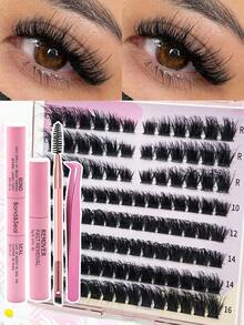 Mikiwi D Curl Individual Lash Clusters Kit 5pcs DIY Lash Cluster Extension Kit With Bond And Seal&Lash Remover&Lash Tweezers&Lash Brush 10/12/14/16mm 0.07D Segmented False Eyelashes Eyelash Extension Kit  For Self Use At Home Extra Thick&Dramatic Faux Mink False Eyelashes Soft&Light, Reusable - Black - View 1