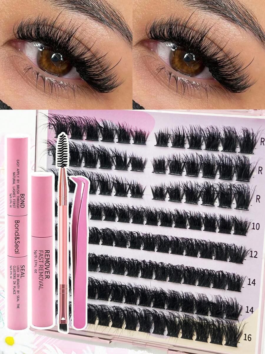 Mikiwi D Curl Individual Lash Clusters Kit 5pcs DIY Lash Cluster Extension Kit With Bond And Seal&Lash Remover&Lash Tweezers&Lash Brush 10/12/14/16mm 0.07D Segmented False Eyelashes Eyelash Extension Kit  For Self Use At Home Extra Thick&Dramatic Faux Mink False Eyelashes Soft&Light, Reusable - Black - View 1