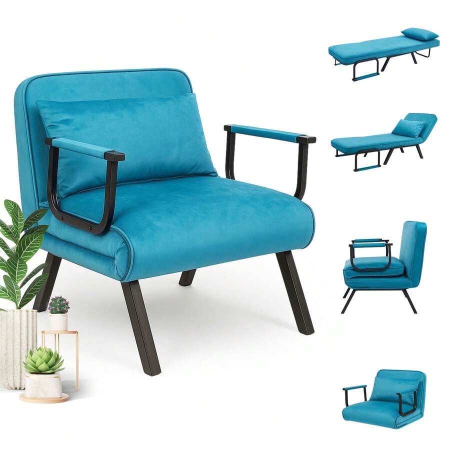 Convertible Single Folding Sofa Bed Sleep Chair W/ 6 Positions Adjustable Backrest - Blue - View 1