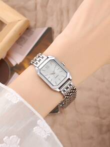 1 件女士休闲商务优雅罗马刻度小表盘方形金属链石英钢带手表，适合返校季、生日、周年纪念、万圣节礼物 - 銀色 - 查看 2