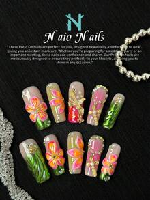 NAIO 手工美甲花园系列，矩形按压式人造指甲，包括绿色法式指甲贴纸，饰有 3D 浮雕花朵、金色十字架宗教符号、金色蝴蝶结和珍珠水钻，专为女性和女孩设计的美甲用品，每套 10 件，适合派对、庆典、校园重复穿着和日常穿着，是送给女性和女孩的绝佳礼物。 - 彩色 - 查看 2