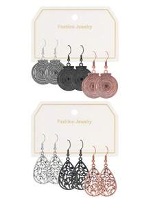 TopHanqi 6 件/3 件复古耳环套装，复古银色、枪黑色、玫瑰金锌合金吊坠耳环，镂空几何水滴形，适合女性日常佩戴、派对、通勤、聚会、所有季节