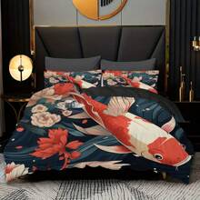 Juego de ropa de cama de 2/3 piezas con estampado de peces koi (1*Funda nórdica + 1/2*Funda de almohada, sin relleno), juego de ropa de cama de estilo oriental, 100% poliéster estampado, funda nórdica suave y cómoda, para habitación, habitación de invitados