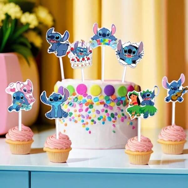 Disney Stitch Cartoon Animal Cake Decoration Picks, Kids Birthday Party Cake Decoration Inserts, Dessert Table Picks