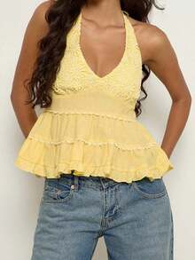 Women's Y2K Lace Halter Tops Floral Embroidered Sleeveless Ruffled Hem Tiered Flowy Crop Tank Tops Summer Backless Boho Layered Camisole Vest Shirts Going Out Tops Aesthetic Clothes Party Beach Vacation Streetwear - 黃色 - 查看 4