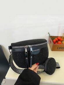 Set de 2 piezas: Riñonera y bolso de pecho decorados con strass para mujer, con compartimento para monedas, adecuado para salidas de verano, deportes, regalo del Festival del Eid - Negro - Ver 10