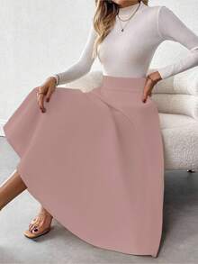 女士优雅通勤黑色松紧腰高腰半身裙，秋冬 - 淺粉色 - 查看 4