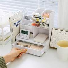 多功能桌面收纳盒，大容量木质塑料笔筒，办公及学生用品收纳 - 白色 - 查看 5