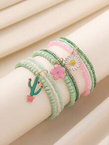 3 件波西米亚雏菊花仙人掌串珠弹力手链套装，甜美可爱，适合女性日常休闲旅行礼物返校