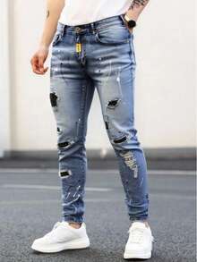 Logeqi® Hombres Jeans azules desgastados duraderos para hombre con parche de diamante - Azul - Ver 3