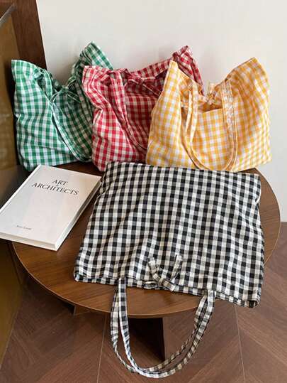 Summer Outdoor Travel Bag, Holiday Beach Bag, Fashionable Plaid One Shoulder Large Bag, Casual One Shoulder Tote Bag, Travel Bag, Color Block Plaid Pattern Handbag, Shopping Bag, Versatile Commuter Bag