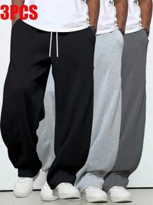 Set de 3 bucăți de pantaloni lungi sport cu șnur largi, cu talie plată, combinație multicoloră, pantaloni de sport ocazional în aer liber versatili, set de 3 piese confortabili și respirabili, potriviti pentru sporturi în aer liber și ieșiri zilnice.