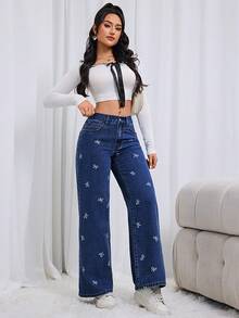 女士时尚休闲蝴蝶印花弹力腰阔腿宽松无弹力深蓝色牛仔裤 春季款 - 深色水洗藍 - 查看 6