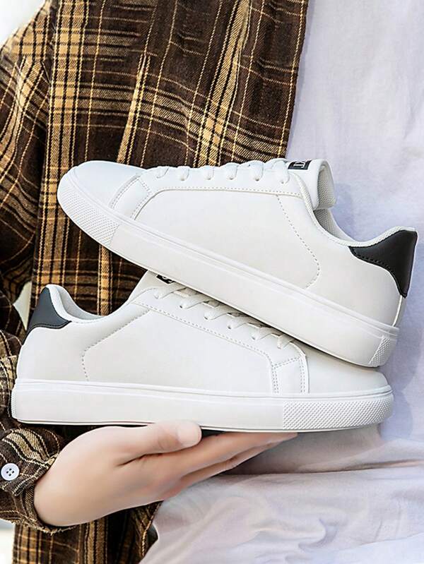 Men's White Round Toe Lace-Up Athletic Shoes, Lightweight Soft Sole Non-Slip Thick Bottom Casual Sneakers, Spring & Autumn