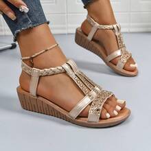 Simia Rhinestone Roman Sandals Summer New Korean Fashion Peep Toe Slip-On Wedge Casual Large Size Wave - Da Vàng - Xem 8