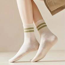 5 双女式中筒袜，双面条纹 - 纯色弹性罗纹袜腿，柔软透气面料，适合休闲、轻度运动和日常穿着 - 中性色（黑色、灰色、粉色、白色、米色），可爱袜子