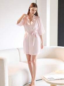 1PC Hotfix Rhinestones Bathrobe,Bride & Bridesmaid Dress ,Wedding Bridal Bridal Tinted Robe Silk Robe Wedding Makeup Advanced Dressing Gown Suitable For Hotels, Wedding Parties, Protective Party Wear - Pink Bridesmaids - View 4