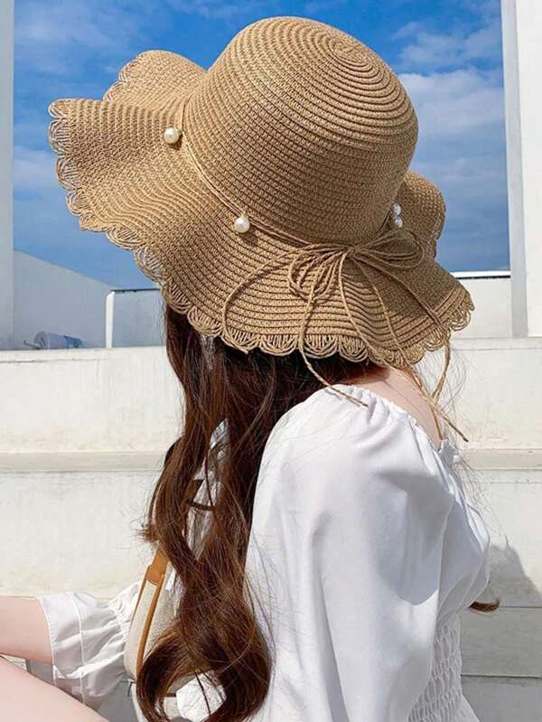 1 Stück Damen Strohhut in Khaki mit Perlen - Boho & eleganter Stil, faltbar, breite Krempe, Strand & Sommer Grundausstattung, UV-Schutz
