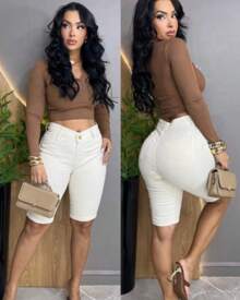 Kit 2 Women's Cycling Shorts BEIGE AND SCRATCHED JEANS High Waist With Simple Tweezers Pocket Button Zipper Daily