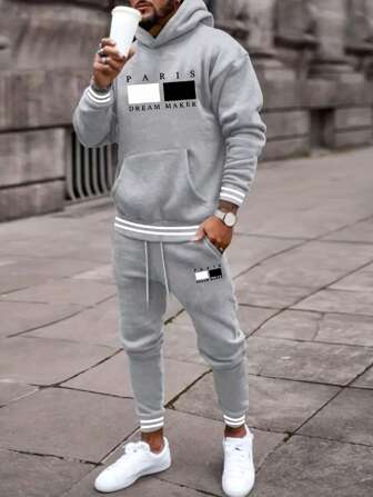 Fall/Winter Best Styles Y2K Street Sports Style Solid Color Stitching Long Sleeve Pocket Simple Hooded Top & Trousers Casual Set, Fashionable Paris Pattern Design, Hooded Large Pocket Top, Pants With Adjustable Drawstring, Perfect For Men & Women's Casual, Sports, Outdoor, Home Daily Wear