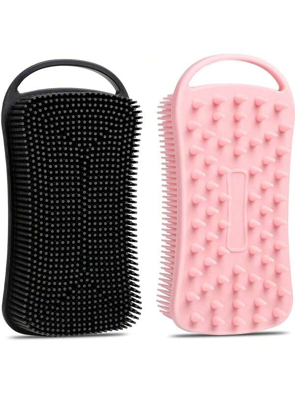 1 pieza Exfoliante corporal de silicona, Cepillo de champú corporal 2 en 1 de silicona, Esponja de silicona suave para piel sensible, Masajeador cabelludo de ducha de silicona, Fácil de limpiar, Genera mucha espuma (Negro y Rosa)