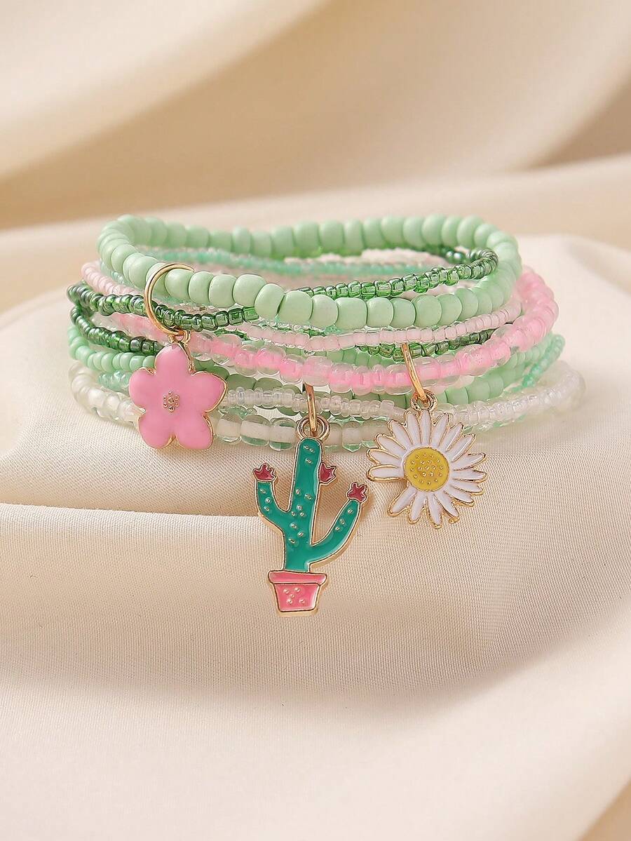 3 件波西米亚雏菊花仙人掌串珠弹力手链套装，甜美可爱，适合女性日常休闲旅行礼物返校