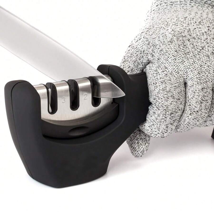 KITCHELLENCE Smart Sharp Knife Sharpener - Professional 3 Stage Manual Sharpener For Sharpening Kitchen Knives - Ceramic Stone, Tungsten Carbide Plates, Diamond Rods. Ergonomic Design, Black/Chrome Finish - màu đen - Xem 1