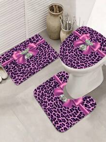 1/4 Piece Purple Leopard Print Diamond Bow Bathroom Set, Includes Shower Curtain With Hooks, Anti-Slip Rug, U-Shaped Toilet Mat, Toilet Seat Cover, Bedroom & Home Decor, Bathroom Decoration And Accessories, Holiday Gift!