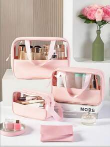 3/1 件，大容量，防水，化妆收纳袋，透明袋，旅行洗漱包，透明，便携式设计和双手柄 - 非常适合整理化妆品和洗漱用品收纳袋，化妆包，化妆收纳袋旅行必需品包，适合学校假期返校用品洗漱包防水洗漱包