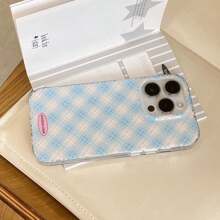 Funda de teléfono con diseño de tartán azul de doble capa con brillo y patrón de argyle, compatible con iPhone 16 Pro Max / iPhone 15 Pro Max / iPhone 14 Pro / iPhone 13, estilo coreano, de moda, minimalista, artístico