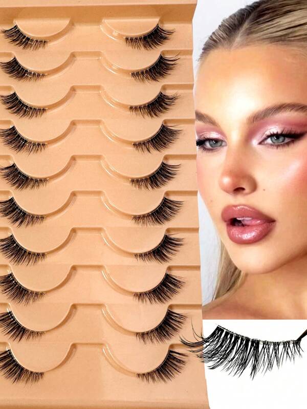 10 piezas/Caja Pestañas postizas 3D efecto ojo de gato de hada, estilo natural y esponjoso corto, diseño suave cruzado, reutilizables, adecuadas para maquillaje natural para niñas