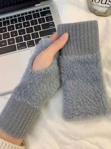 1 Paar einfache Plüsch-Patchwork-Strickhandschuhe, stilvolle, elegante, weiche und warme fingerlose Handschuhe für Herbst und Winter, kältebeständig, mit elastischem Handgelenk