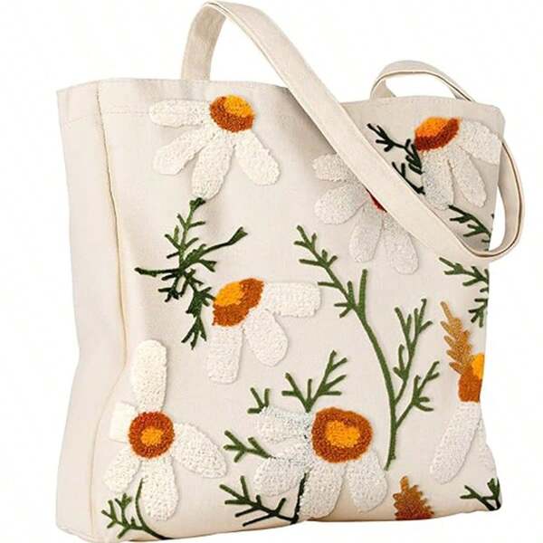 1 Stück bestickter Blumenhandtasche, moderner Segeltuchbeutel, geeignet als großkappazitiver Kosmetikbeutel, Kulturbeutel, Aufbewahrung für Hautpflege, Schultertasche zum Einkaufen, für Lebensmittel, Arbeit, ganzjährig verwendbar